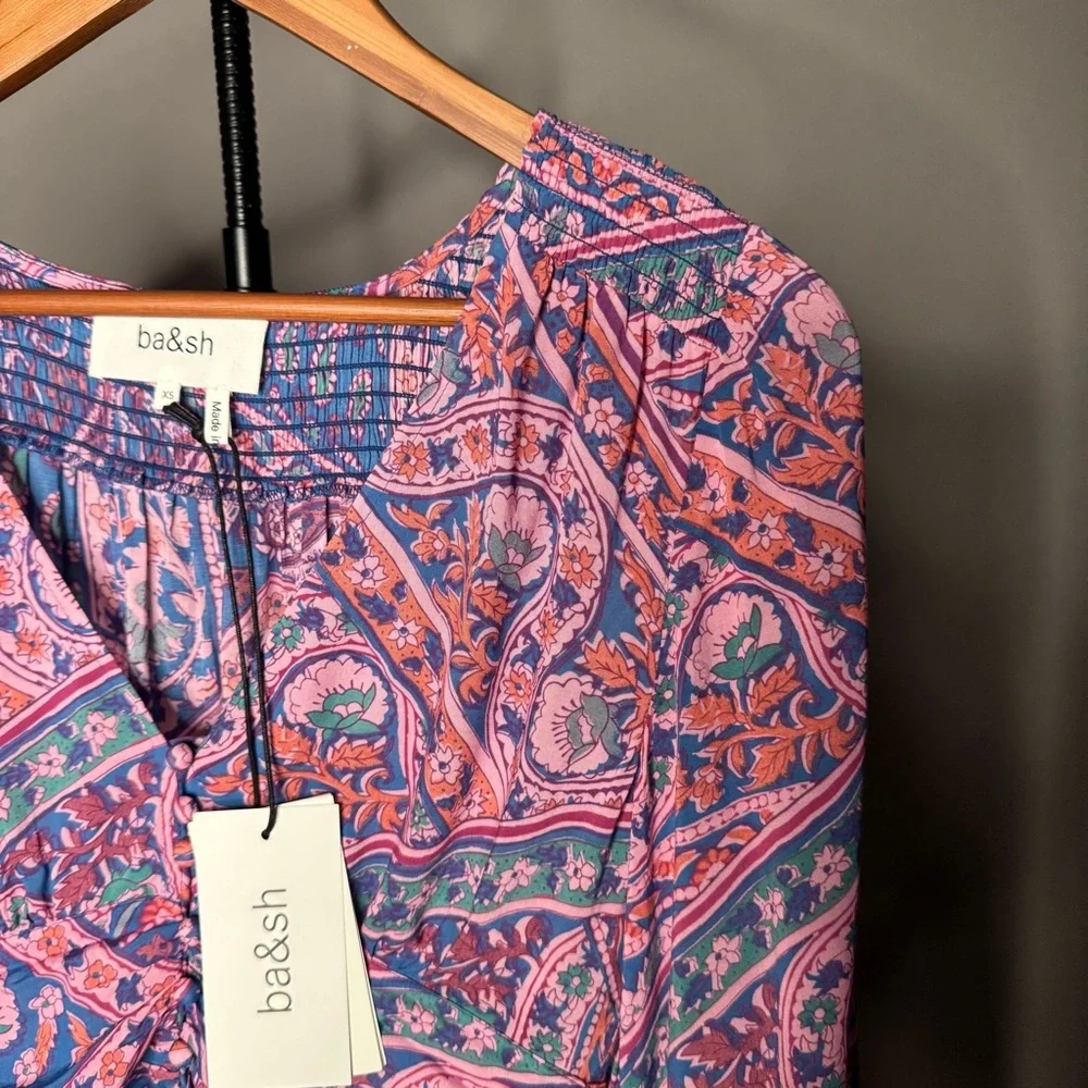 ba&sh NWT Finka Long-Sleeve Floral Paisley Puff Sleeve Crop Top Purple Pink XS - Picture 6 of 15